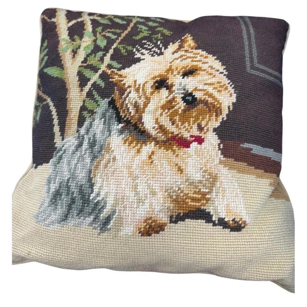 Vintage Yorkie Yorkshire Terrier dog pillow Accent Throw Needlepoint READ